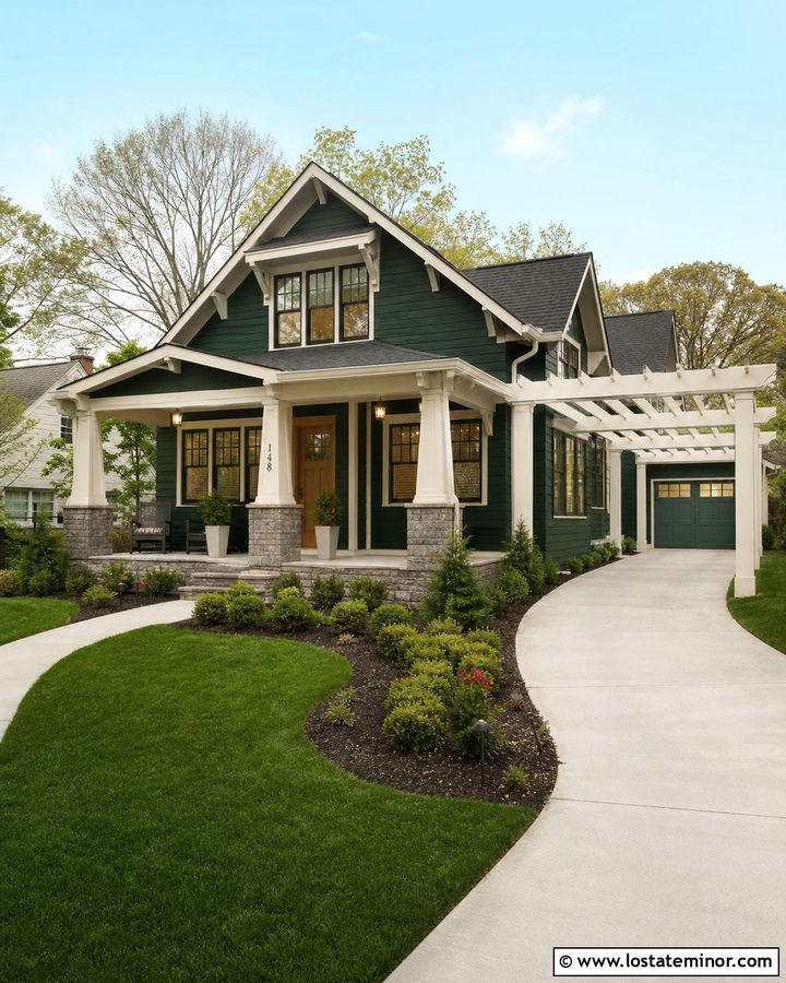 Hunter Green Craftsman With White Pergola - 30 Hunter Green House Design With Pergola Ideas