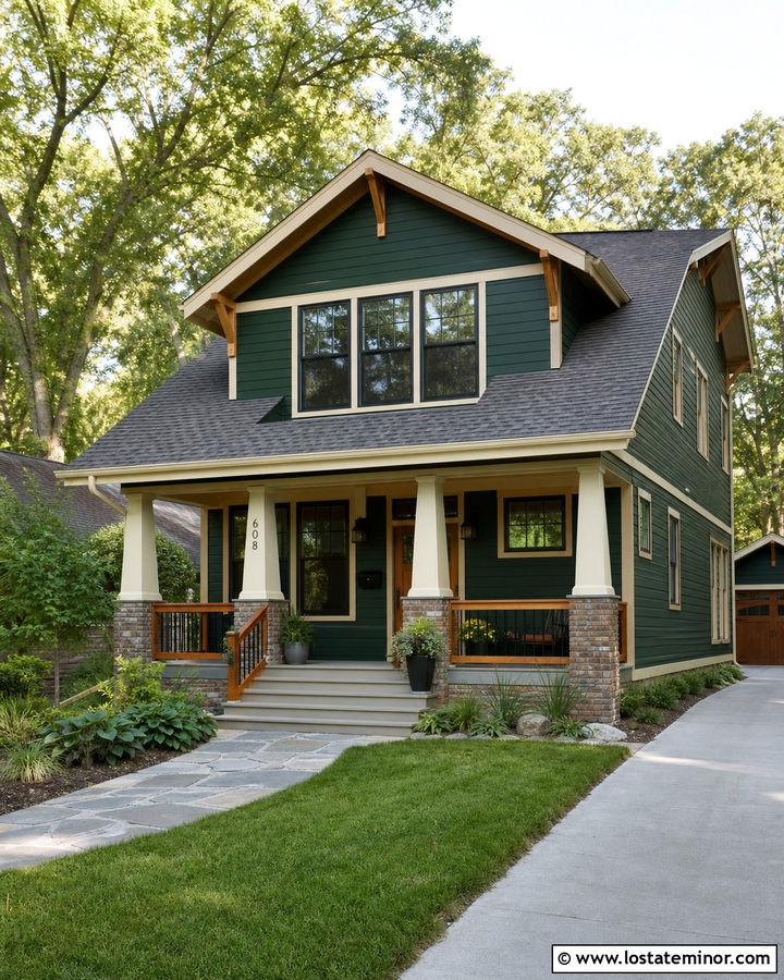 Hunter Green Craftsman With Wood And Black Railings - 30 Hunter Green House Design With Railings Ideas