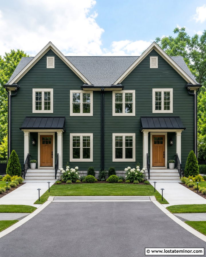 Hunter Green Duplex With Coordinated Entry Awnings - 30 Hunter Green House Design With Awning Ideas