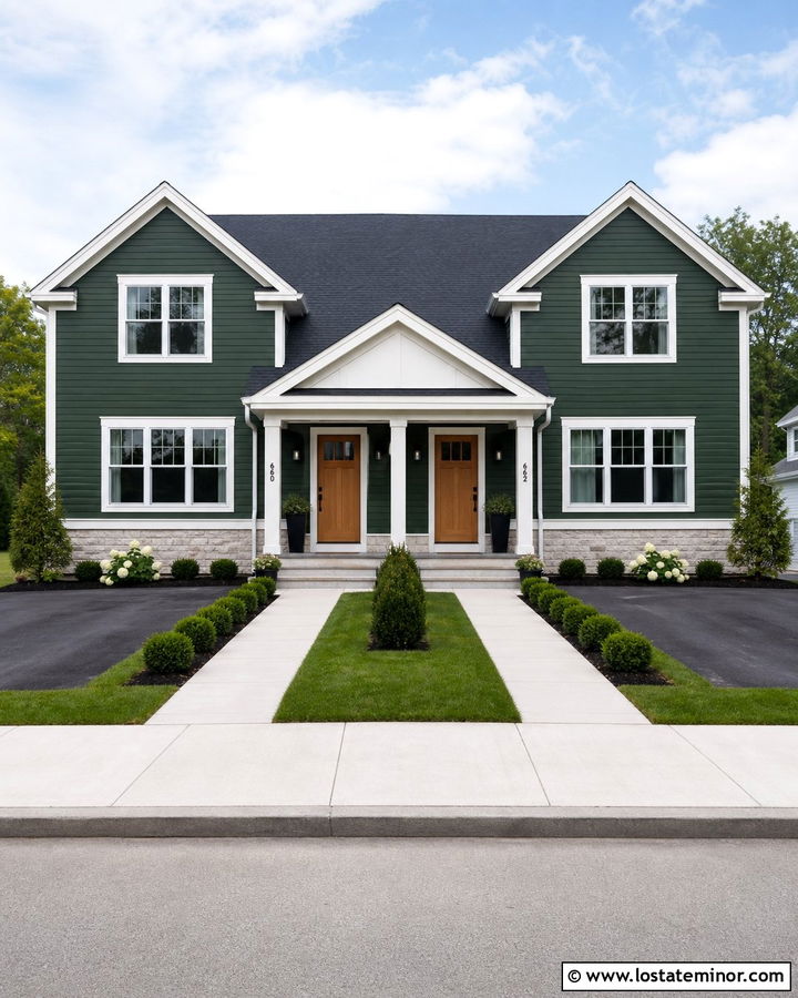 Hunter Green Duplex With Shared Portico - 30 Hunter Green House Design With Portico Ideas