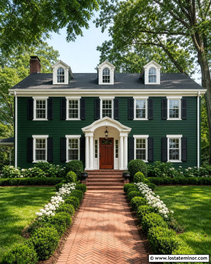 Hunter Green Dutch Colonial House With Gambrel Portico - 30 Hunter Green House Design With Portico Ideas