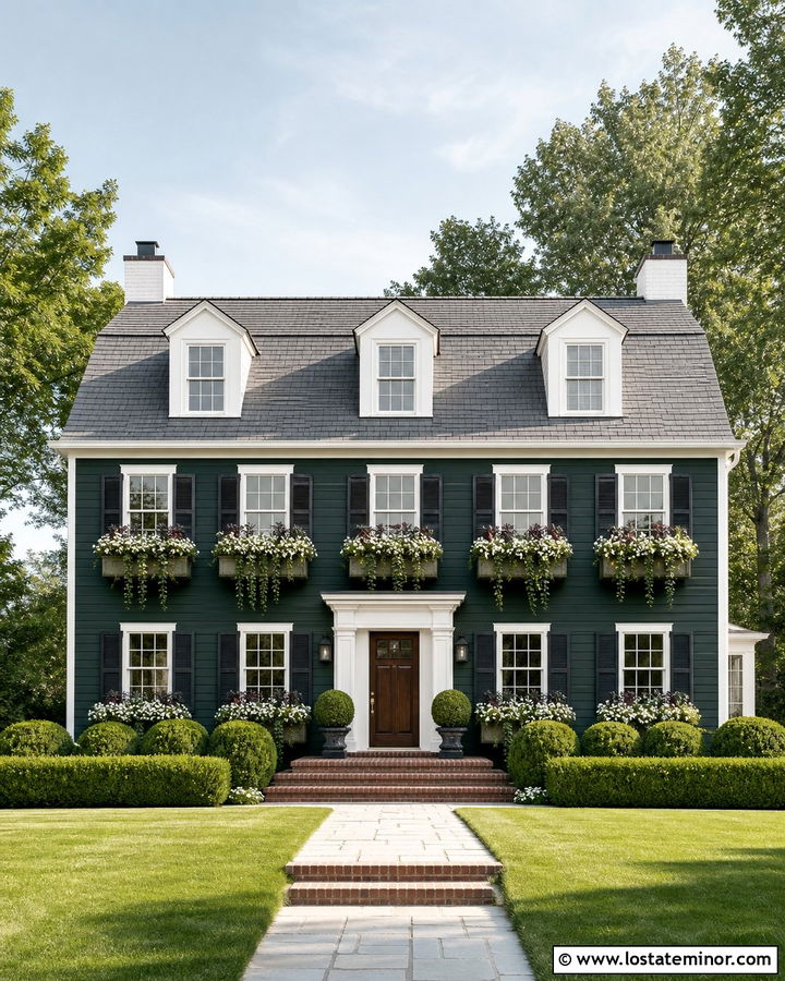 Hunter Green Dutch Colonial With Copper Window Boxes - 30 Hunter Green House Design With Window Boxes Ideas