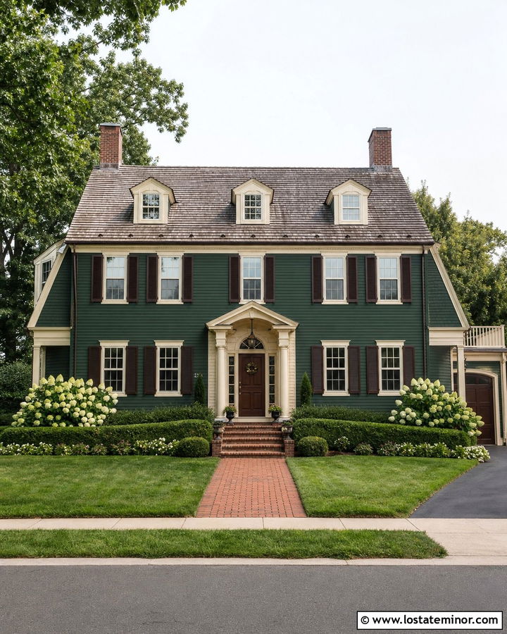 Hunter Green Dutch Colonial With Cream Dormer Windows - 30 Hunter Green House Design With Window Frames Ideas