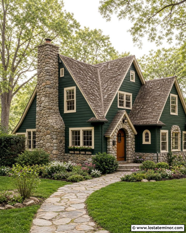 Hunter Green English Cottage With Cobblestone - 30 Hunter Green House Design With Stone Accents Ideas