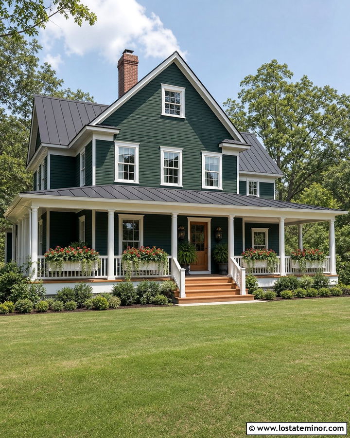 Hunter Green Farmhouse Porch With Window Boxes - 30 Hunter Green House Design With Window Boxes Ideas
