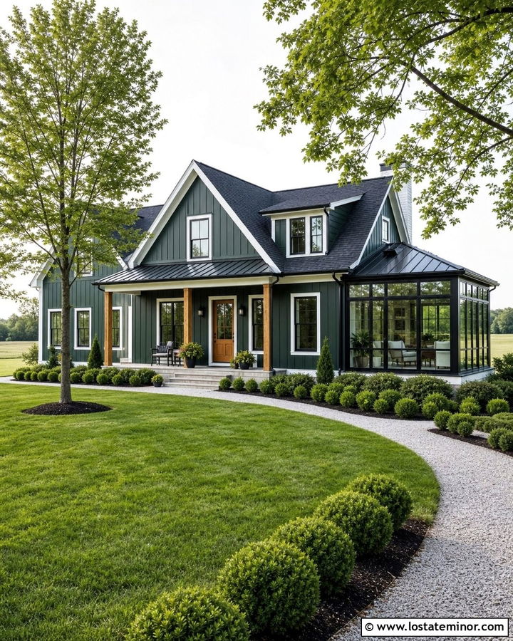 Hunter Green Farmhouse With Black Frame Sunroom - 30 Hunter Green House Design With Sunroom Ideas