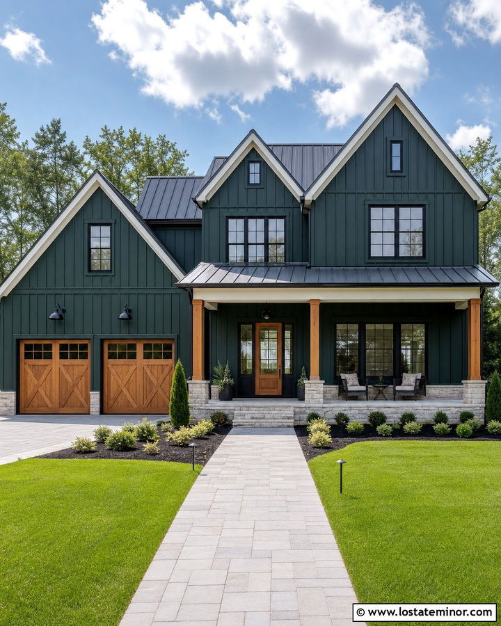 Hunter Green Farmhouse With Black Gooseneck Lights - 30 Hunter Green House Design With Lighting Ideas