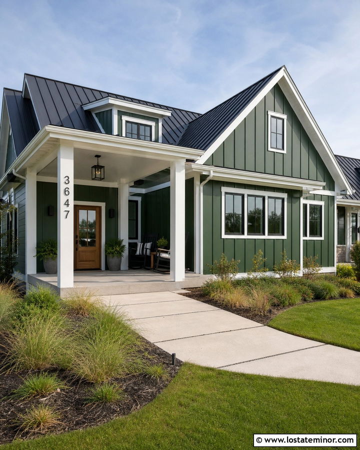 Hunter Green Farmhouse With Black House Numbers - 30 Hunter Green House Design With House Numbers Ideas