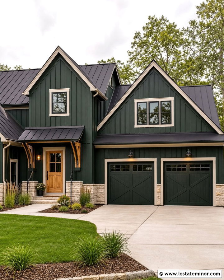 Hunter Green Farmhouse With Black Metal Awning - 30 Hunter Green House Design With Awning Ideas