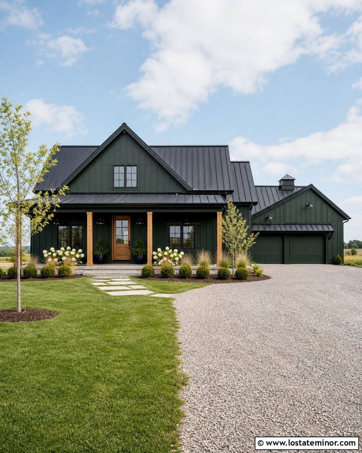 Hunter Green Farmhouse With Black Roof And Orchard Landscaping - 30 Hunter Green House Design With Landscaping Ideas