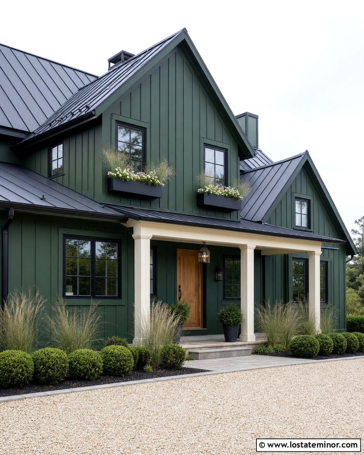 Hunter Green Farmhouse With Black Window Boxes - 30 Hunter Green House Design With Window Boxes Ideas