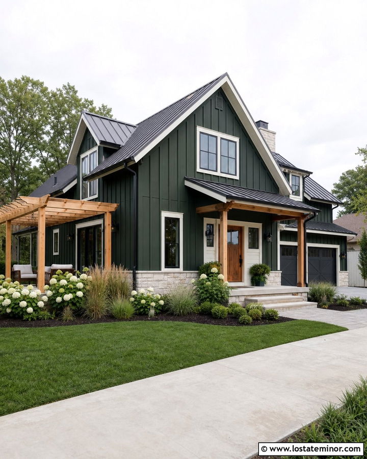Hunter Green Farmhouse With Cedar Pergola - 30 Hunter Green House Design With Pergola Ideas