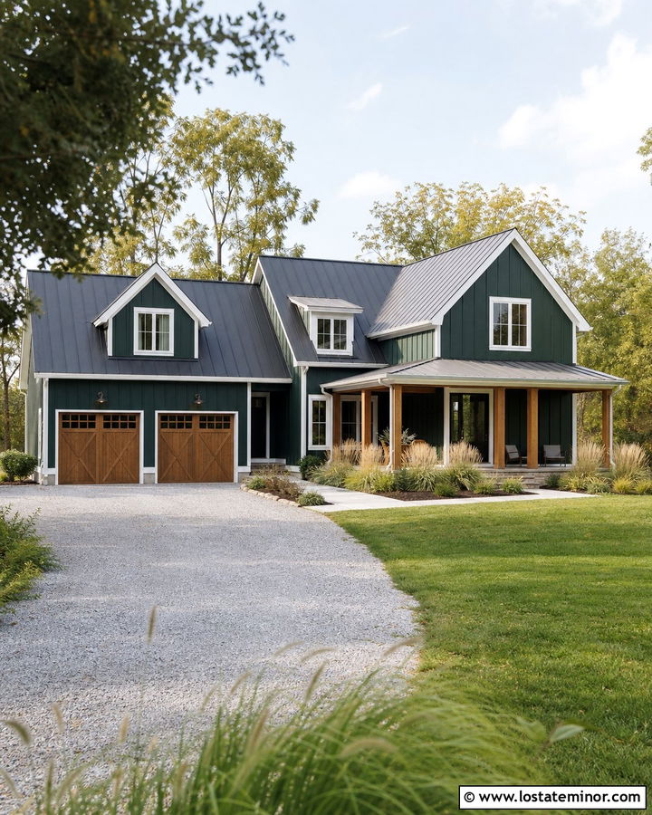 Hunter Green Farmhouse With Gravel Driveway - 30 Hunter Green House Design With Driveway Ideas