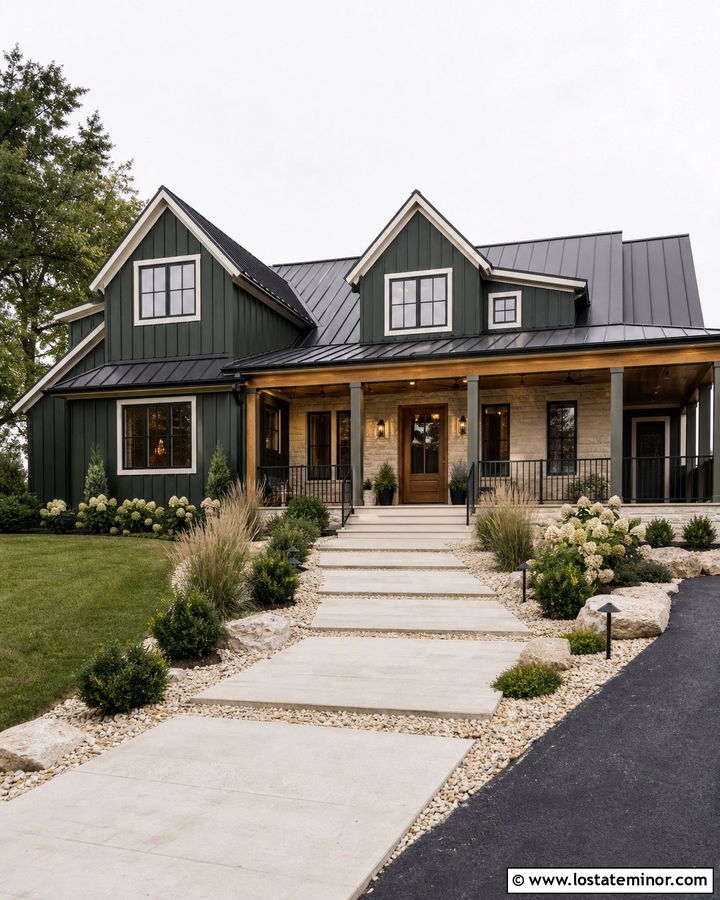 Hunter Green Farmhouse With Limestone Walkway - 30 Hunter Green House Design With Walkway Ideas