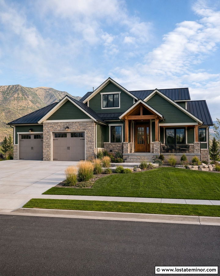 Hunter Green Farmhouse With Stone Garage - 30 Hunter Green House Design With Stone Accents Ideas