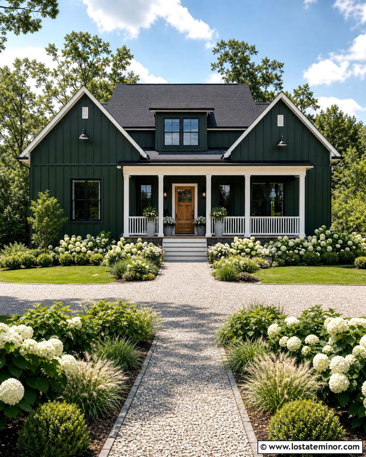 Hunter Green Farmhouse With White Flower Beds - 30 Hunter Green House Design With Landscaping Ideas