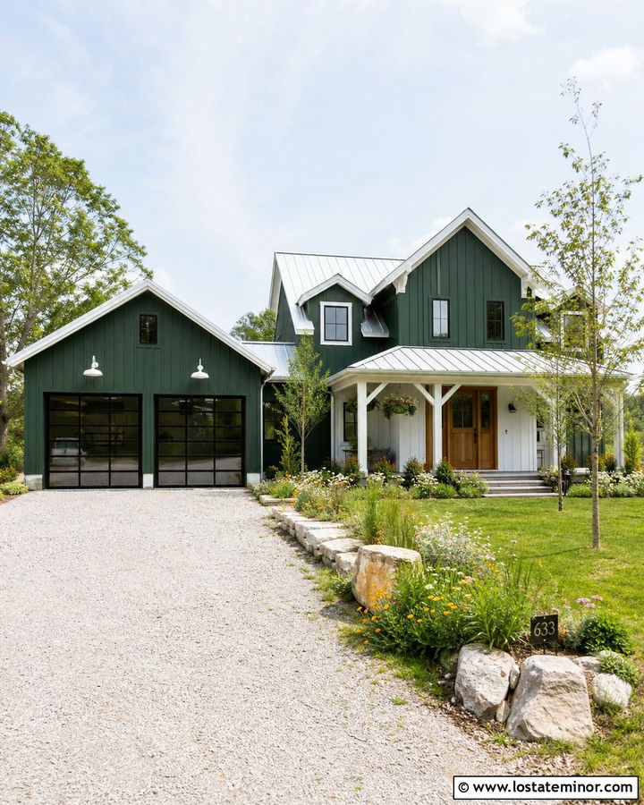 Hunter Green Farmhouse With White Gooseneck Lights - 30 Hunter Green House Design With Light Fixtures Ideas