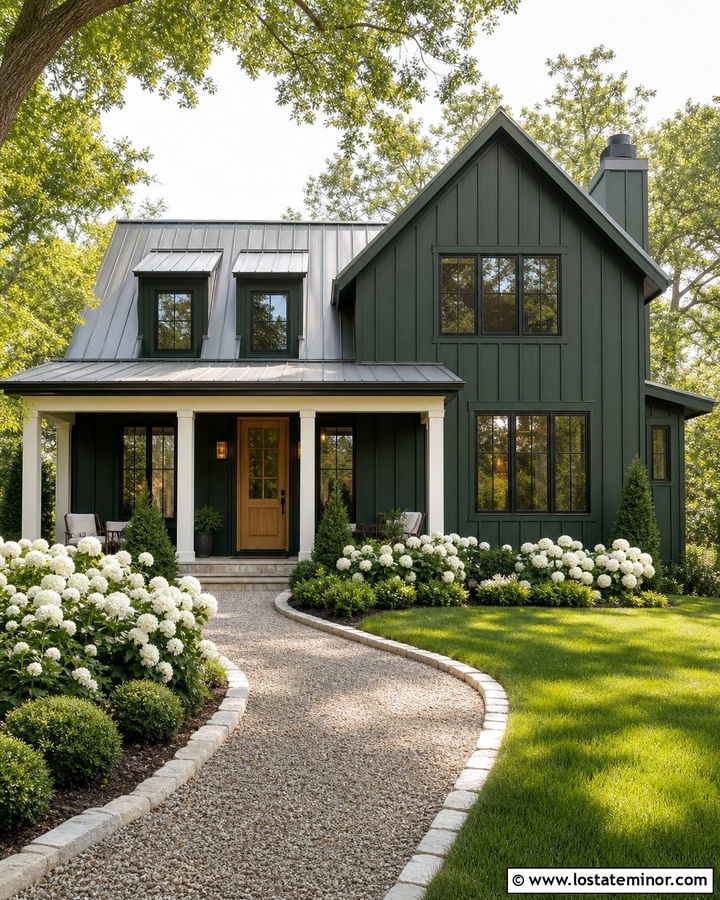 Hunter Green Farmhouse With White Hydrangeas - 30 Hunter Green House Design With Front Yard Ideas