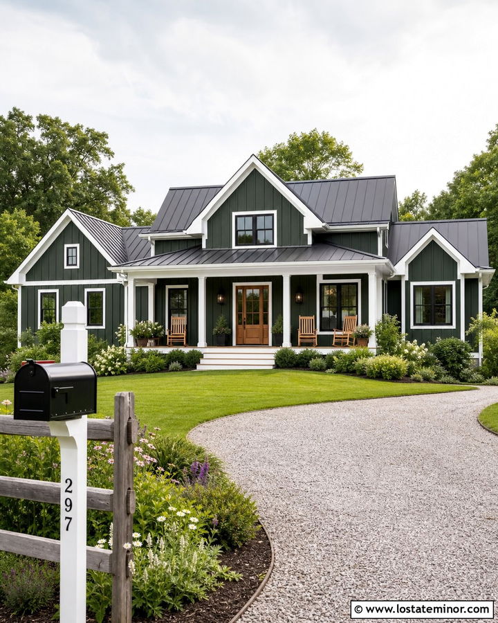 Hunter Green Farmhouse With White Mailbox Post - 30 Hunter Green House Design With Mailbox Ideas