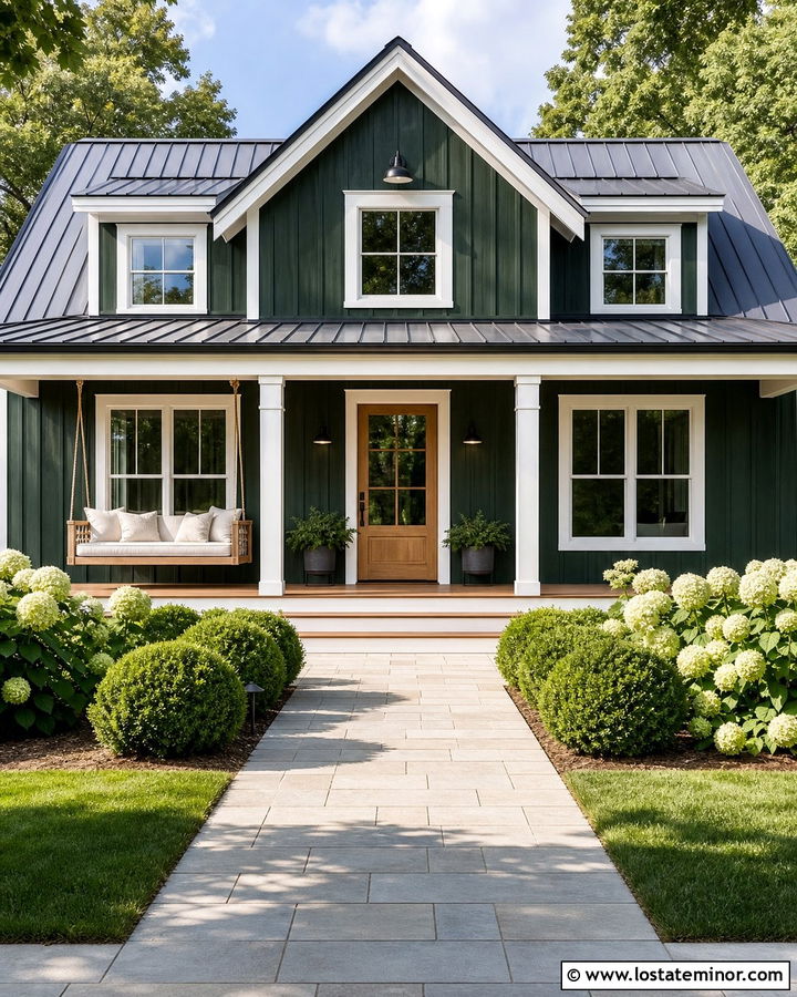 Hunter Green Farmhouse With White Porch Daybed - 30 Hunter Green House Design With Daybed Ideas