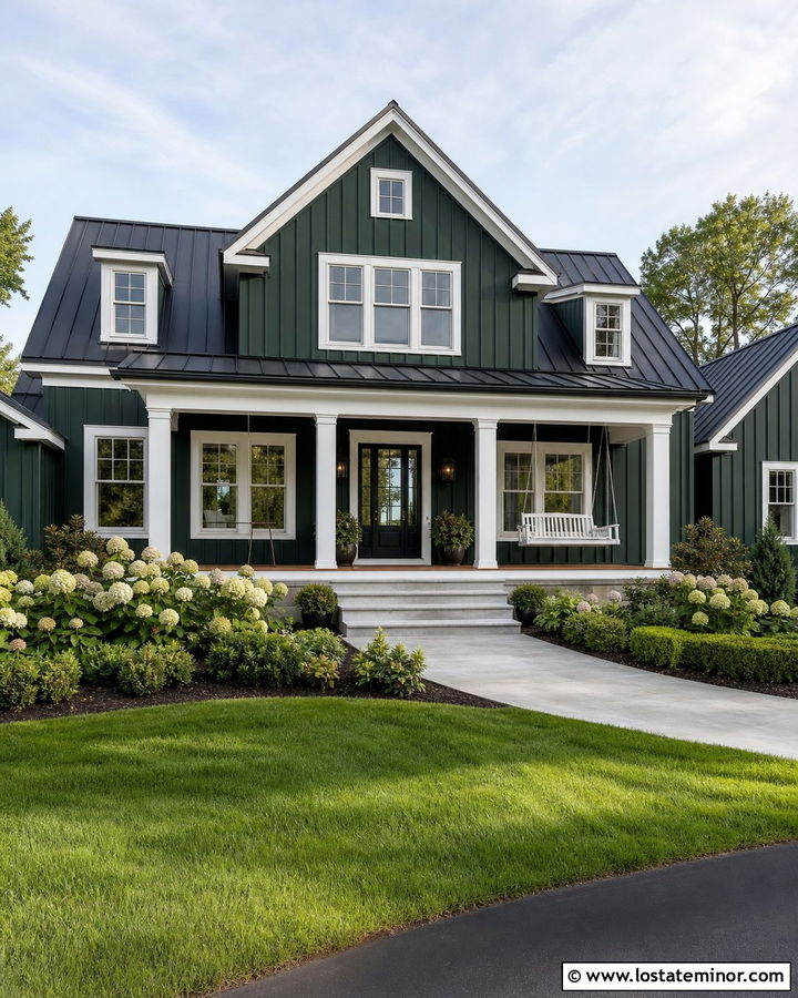 Hunter Green Farmhouse With White Porch Swing - 30 Hunter Green House Design With Swing Ideas