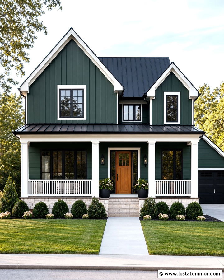 Hunter Green Farmhouse With White Railings - 30 Hunter Green House Design With Railings Ideas