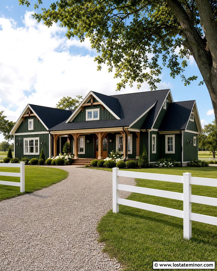 Hunter Green Farmhouse With White Ranch Fence - 30 Hunter Green House Design With Fence Ideas