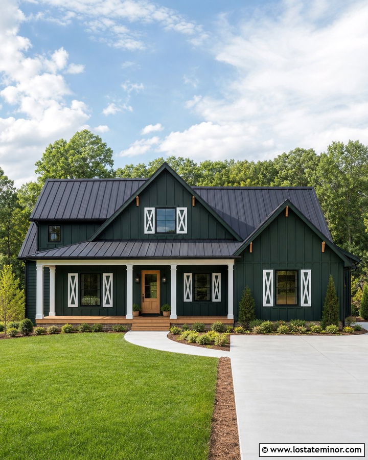 Hunter Green Farmhouse With White Shutters - 30 Hunter Green House Design With Shutters Ideas