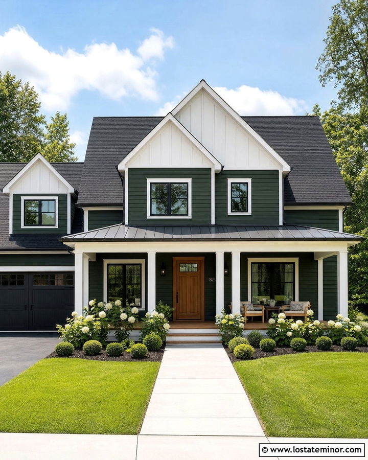 Hunter Green Farmhouse With White Square Columns - 30 Hunter Green House Design With Porch Columns Ideas