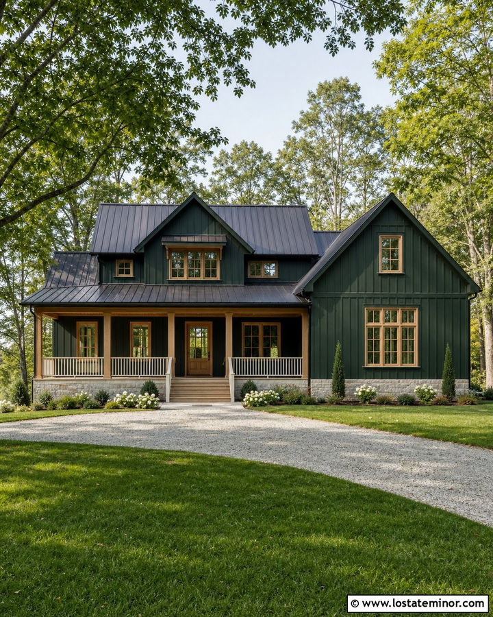 Hunter Green Farmhouse With Wood Window Frames - 30 Hunter Green House Design With Window Frames Ideas