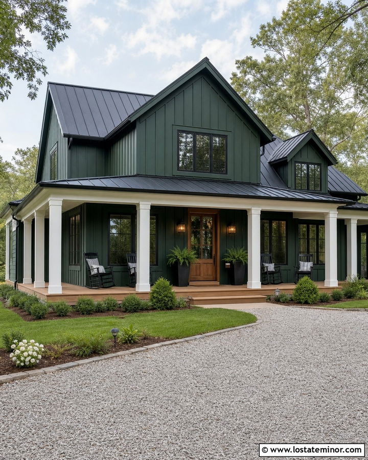 Hunter Green Farmhouse With Wraparound Porch - 30 Hunter Green House Design With Front Porch Ideas