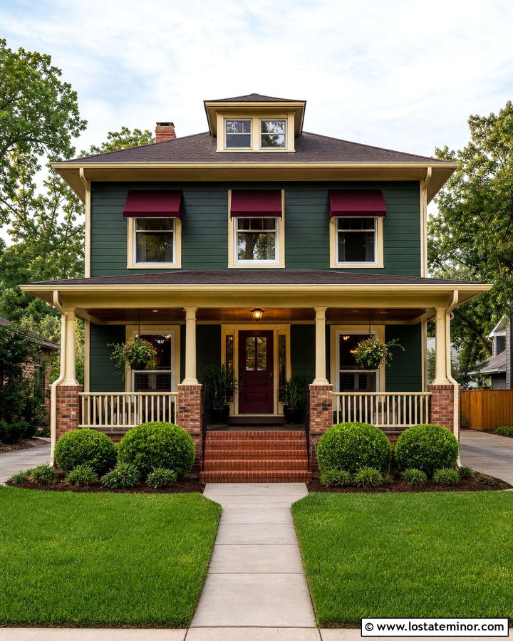 Hunter Green Four Square With Burgundy Awning - 30 Hunter Green House Design With Awning Ideas