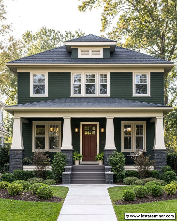 Hunter Green Foursquare With Cream Tapered Columns - 30 Hunter Green House Design With Porch Columns Ideas