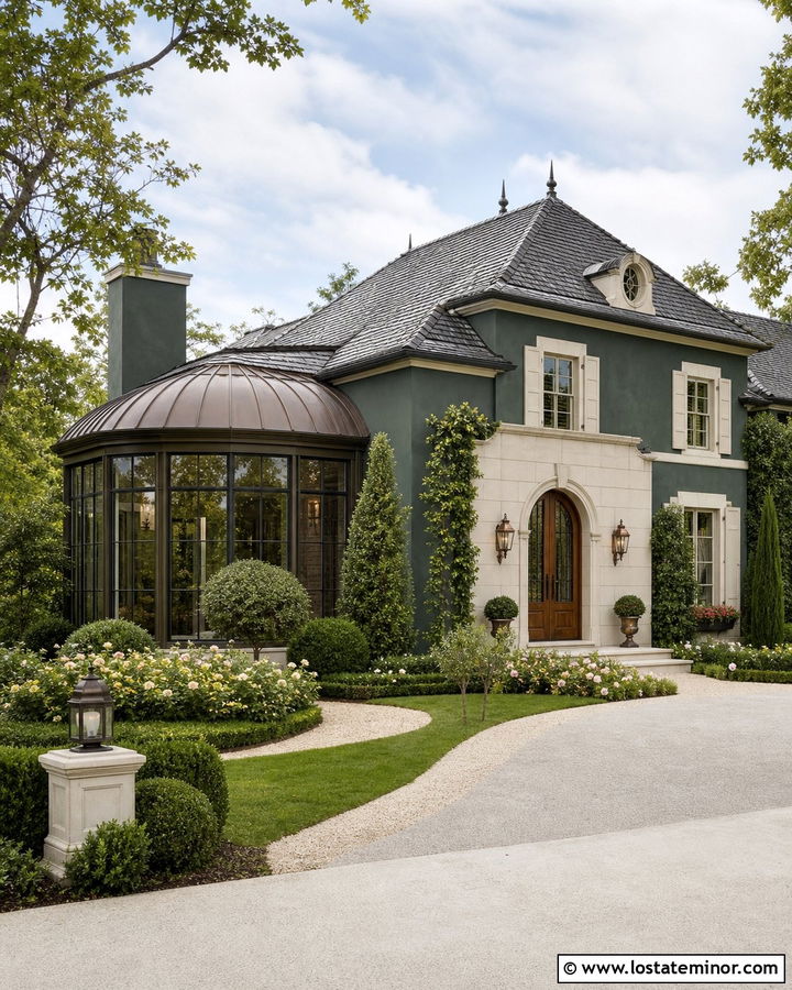 Hunter Green French Country House With Arched Sunroom - 30 Hunter Green House Design With Sunroom Ideas