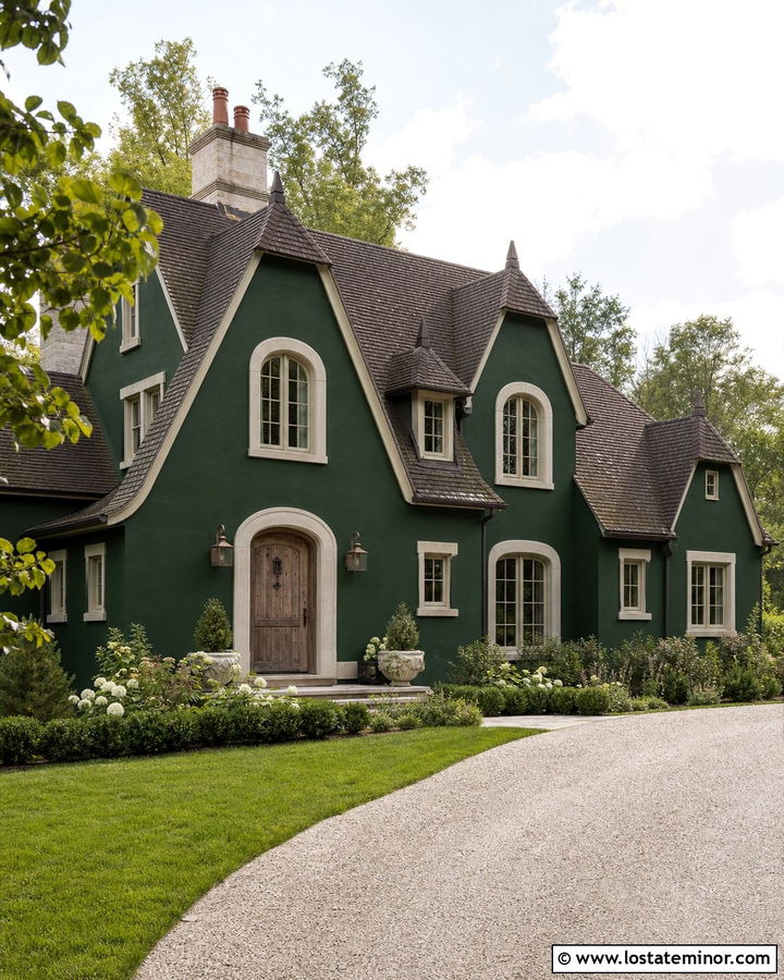 Hunter Green French Country House With Cream Window Frames - 30 Hunter Green House Design With Window Frames Ideas