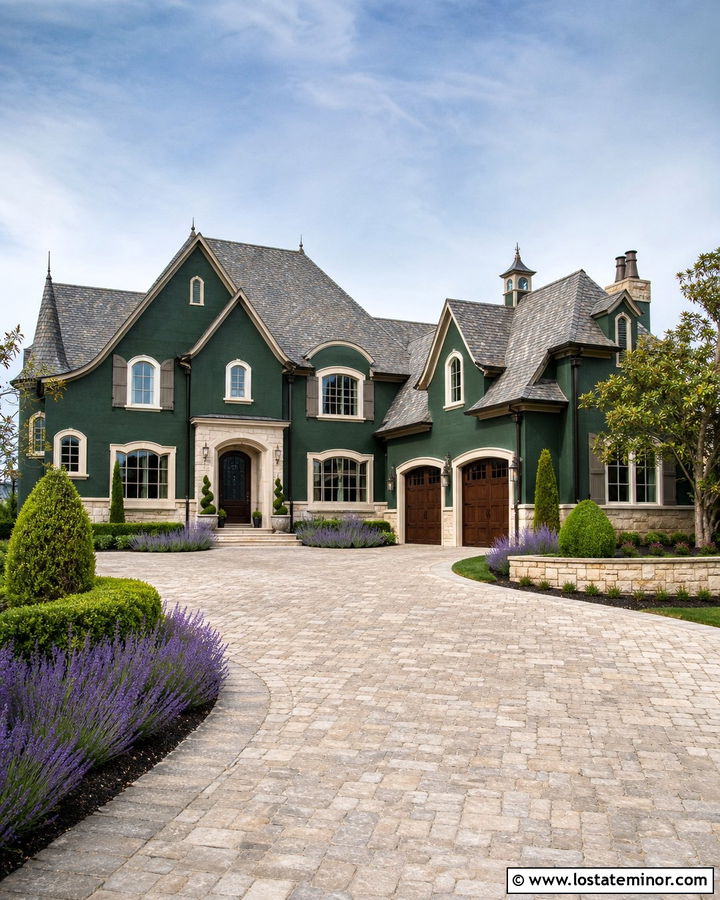 Hunter Green French Country House With Limestone Driveway - 30 Hunter Green House Design With Driveway Ideas