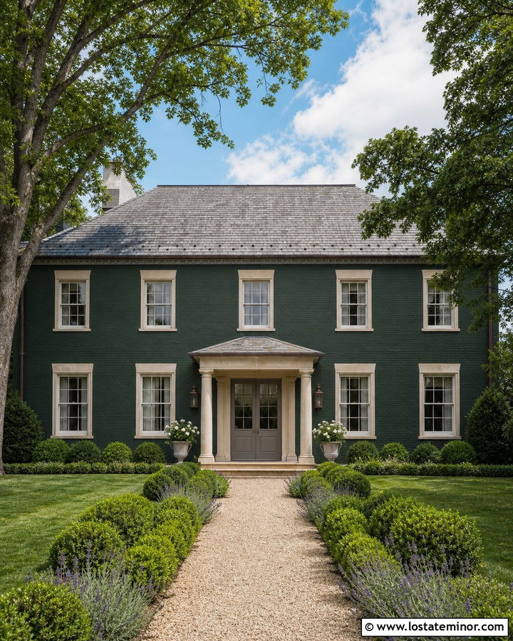 Hunter Green French Country House With Limestone Portico - 30 Hunter Green House Design With Portico Ideas