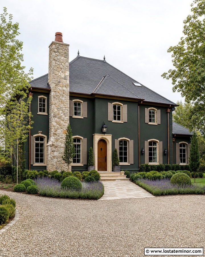 Hunter Green French Country House With Stone Chimney - 30 Hunter Green House Design With Chimney Ideas