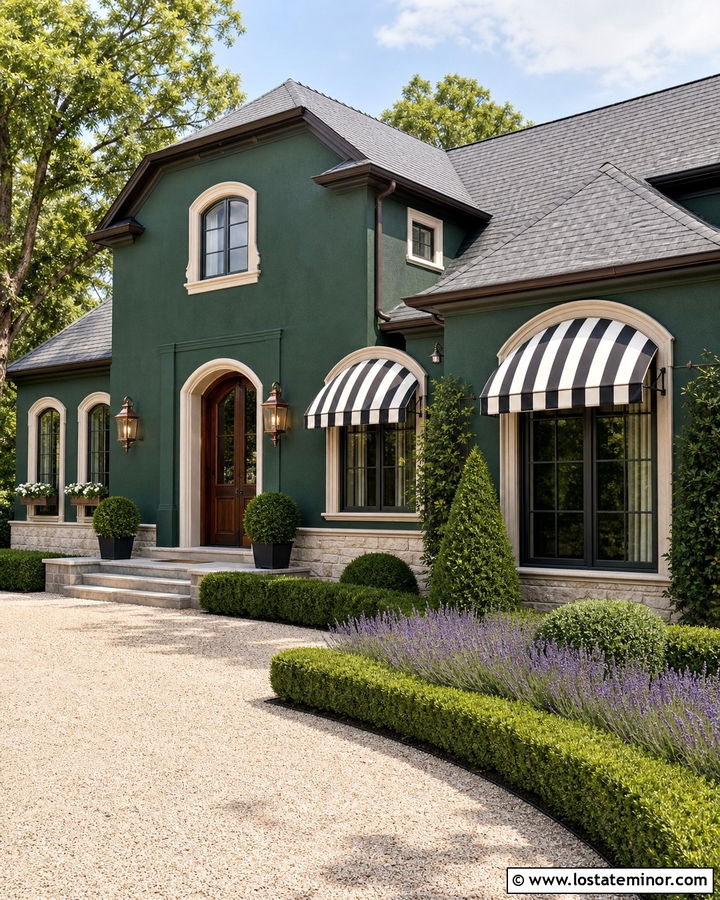 Hunter Green French Country House With Striped Awning - 30 Hunter Green House Design With Awning Ideas