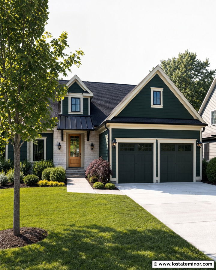 Hunter Green Garage House With Matching Door Awning - 30 Hunter Green House Design With Awning Ideas