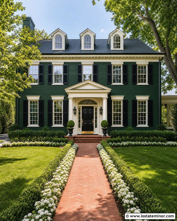 Hunter Green Georgian House With Topiary Landscaping - 30 Hunter Green House Design With Landscaping Ideas