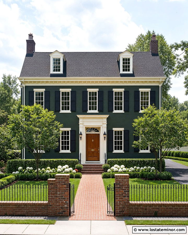 Hunter Green Georgian With Brick And Iron Fence - 30 Hunter Green House Design With Fence Ideas