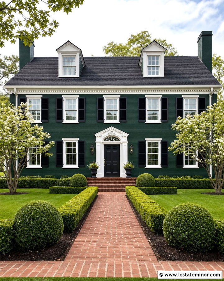 Hunter Green Georgian With White Window Frames And Black Shutters - 30 Hunter Green House Design With Window Frames Ideas