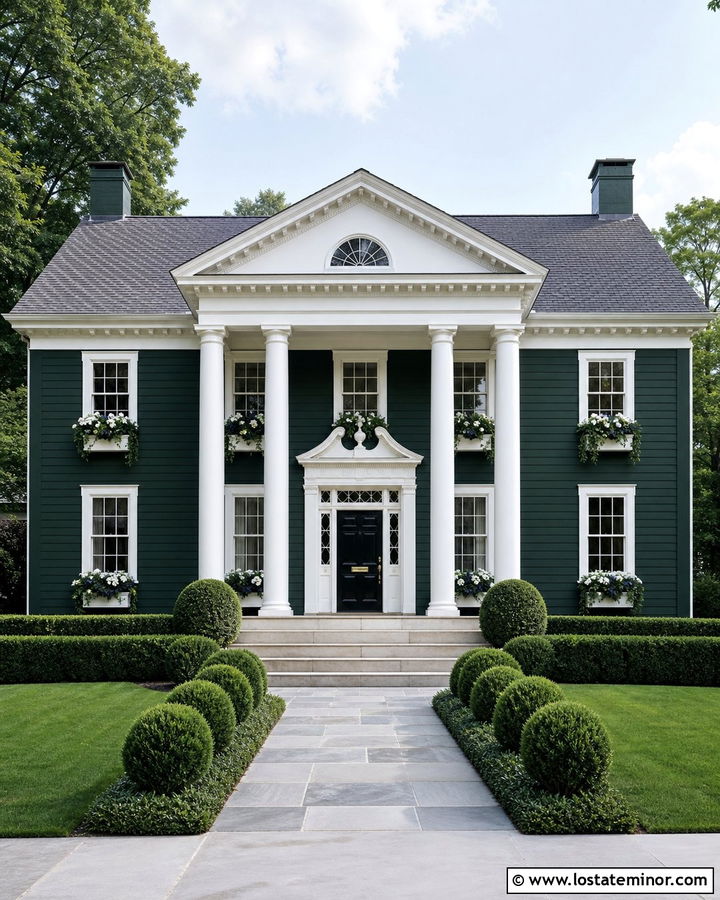 Hunter Green Greek Revival With White Window Boxes - 30 Hunter Green House Design With Window Boxes Ideas