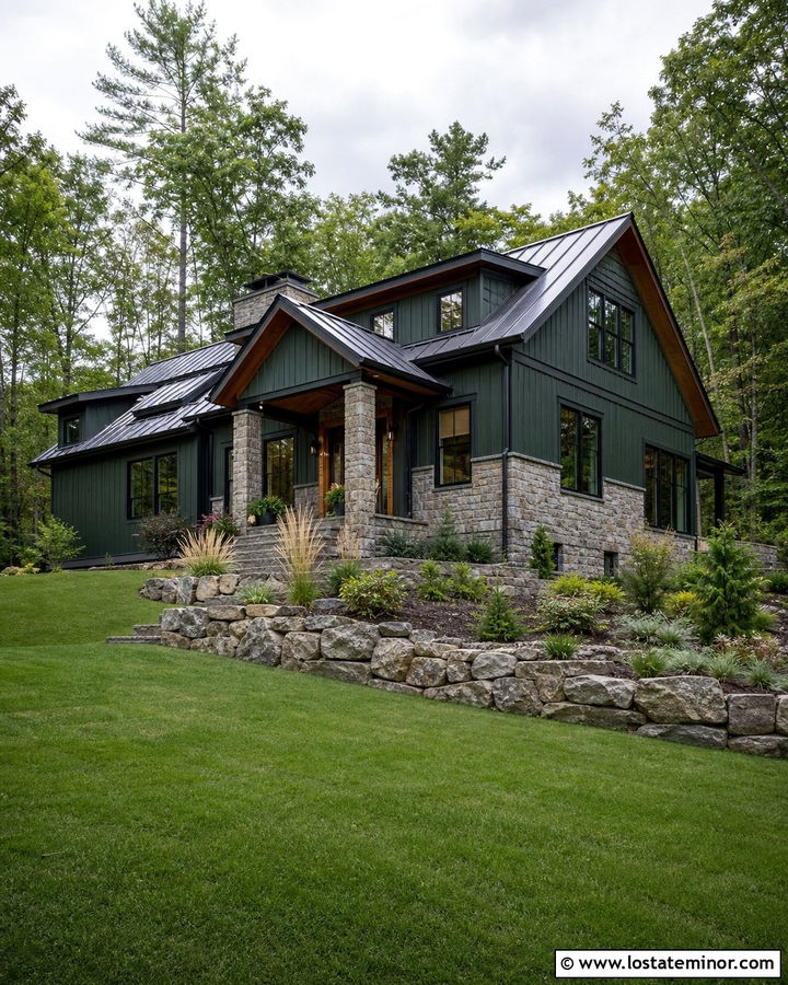 Hunter Green Hillside House With Stone Retaining Walls - 30 Hunter Green House Design With Stone Accents Ideas