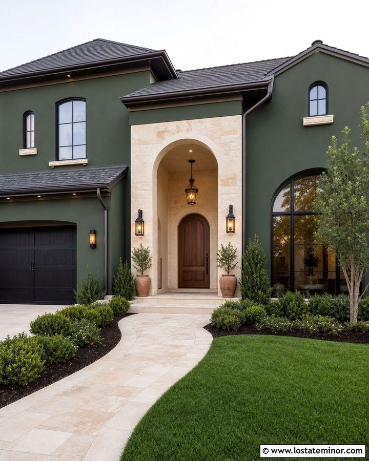 Hunter Green House With Arched Entry And Pendant Light - 30 Hunter Green House Design With Lighting Ideas