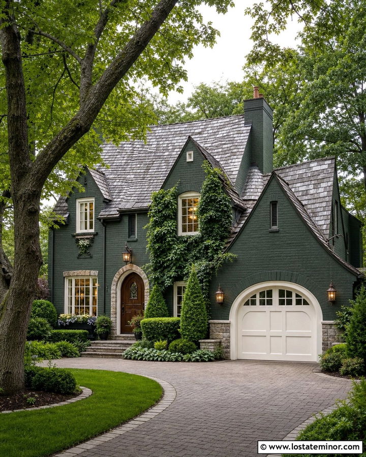 Hunter Green House With Arched Garage Door - 30 Hunter Green House Design With Garage Door Ideas