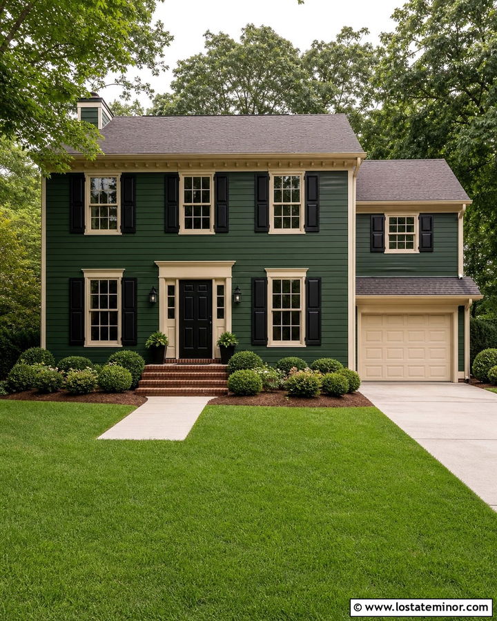 Hunter Green House With Beige Trim And Black Shutters - 30 Hunter Green House Design With Trim Ideas