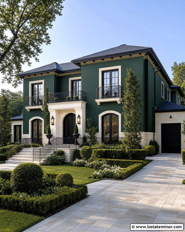 Hunter Green House With Black Balcony Railings - 30 Hunter Green House Design With Railings Ideas