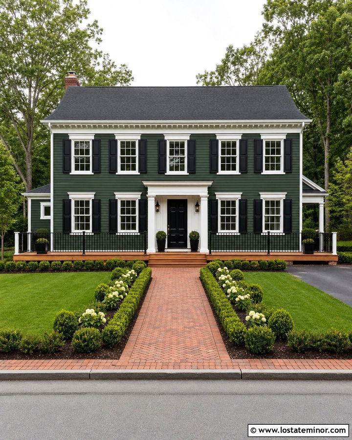 Hunter Green House With Black Deck Railings - 30 Hunter Green House Design With Deck Ideas